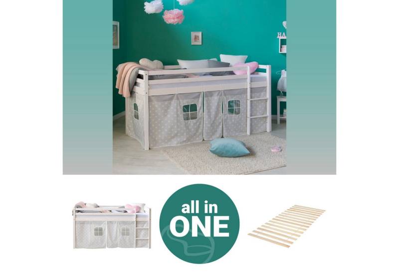 Homestyle4u Hochbett 90x200 Weiß mit Vorhang Sterne Grau für 1 Kind Kiefer Massiv Kinder (Set, mit Lattenrost) von Homestyle4u