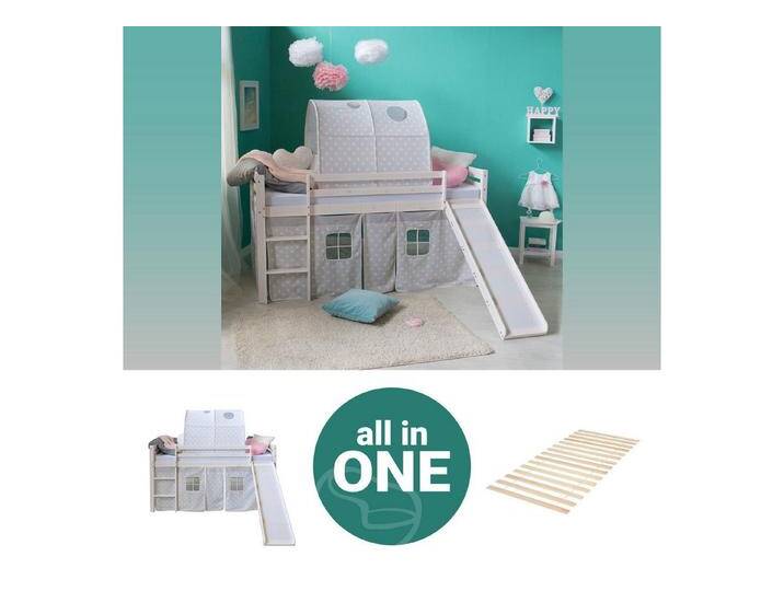 Homestyle4u Hochbett 90x200 Weiß mit Vorhang Sterne Grau für 1 Kind Kiefer Massiv Kinder (Set, mit Lattenrost, Rutsche und Tunnel), weiß, mit Vorhang von Homestyle4u