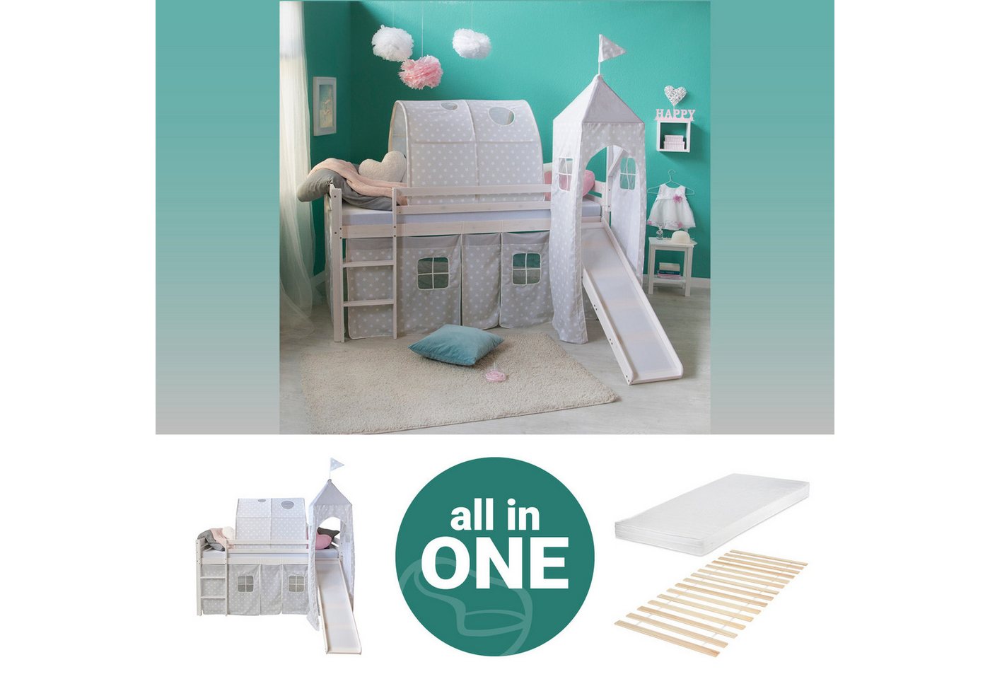 Homestyle4u Hochbett 90x200 Weiß mit Vorhang Sterne Grau für 1 Kind Kiefer Massiv Kinder (Set, mit Matratze, Lattenrost, Rutsche, Tunnel, Turm) von Homestyle4u