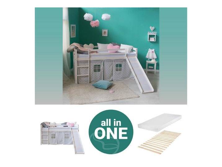 Homestyle4u Hochbett 90x200 Weiß mit Vorhang Sterne Grau für 1 Kind Kiefer Massiv Kinder (Set, mit Matratze, Lattenrost und Rutsche), weiß von Homestyle4u