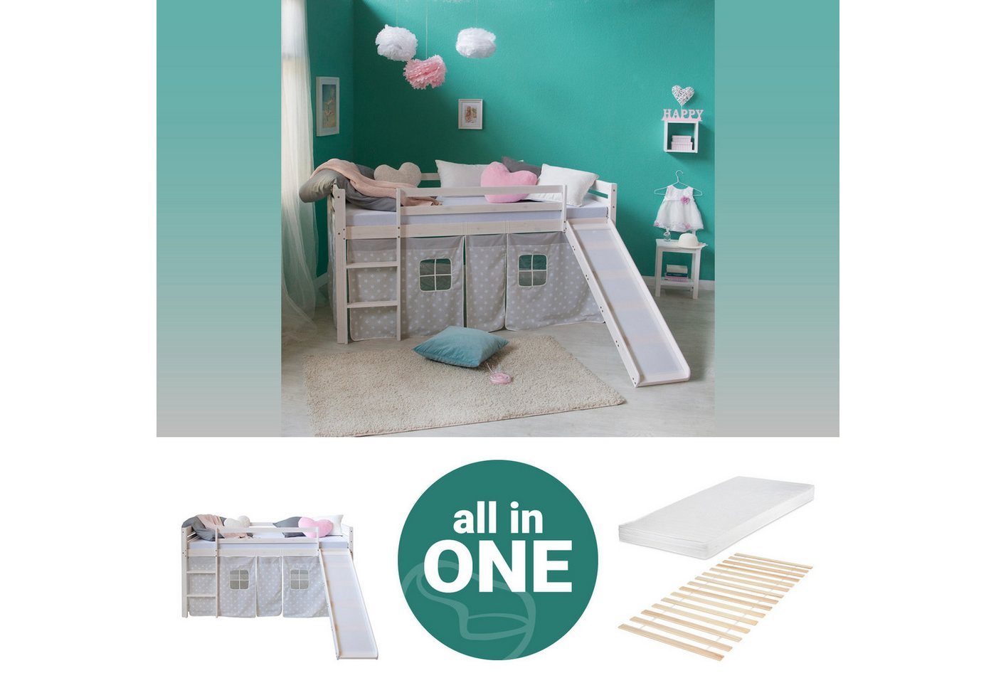 Homestyle4u Hochbett 90x200 Weiß mit Vorhang Sterne Grau für 1 Kind Kiefer Massiv Kinder (Komplett-Set mit Lattenrost, mit Rutsche, Matratze mit OEKO-TEX® Standard 100) Junge, Mädchen, Spielbett von Homestyle4u