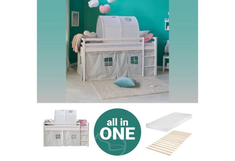 Homestyle4u Hochbett 90x200 Weiß mit Vorhang Sterne Grau für 1 Kind Kiefer Massiv Kinder (Komplett-Set mit Lattenrost, mit Tunnel, Matratze mit OEKO-TEX® Standard 100) Junge, Mädchen, Spielbett von Homestyle4u