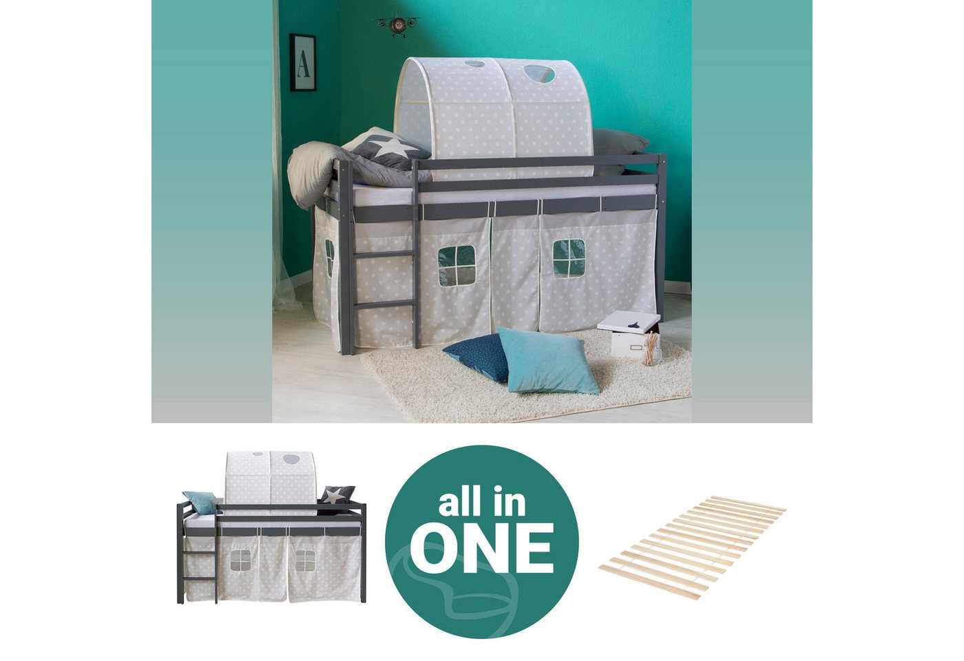 Homestyle4u Hochbett 90x200 cm Grau mit Vorhang Sterne für 1 Kind Kiefer Massiv (Set, mit Lattenrost und Tunnel) von Homestyle4u