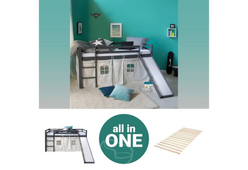 Homestyle4u Hochbett 90x200 cm Grau mit Vorhang Sterne für 1 Kind Kiefer Massiv (Set, mit Lattenrost und Rutsche) von Homestyle4u