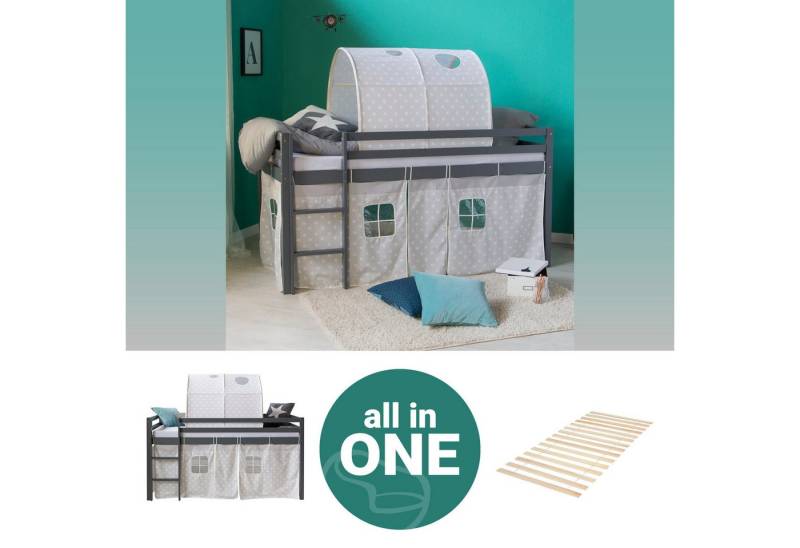 Homestyle4u Hochbett 90x200 cm Grau mit Vorhang Sterne für 1 Kind Kiefer Massiv (Set, mit Lattenrost und Tunnel, Jungen Mädchen, Set, mit Lattenrost und Tunnel) von Homestyle4u