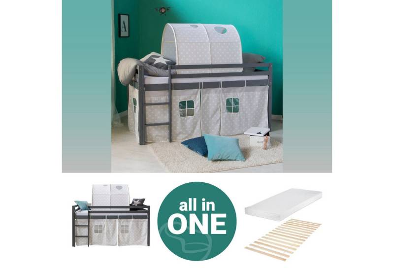 Homestyle4u Hochbett 90x200 cm Grau mit Vorhang Sterne für 1 Kind Kiefer Massiv (Set, mit Matratze, Lattenrost und Tunnel) von Homestyle4u