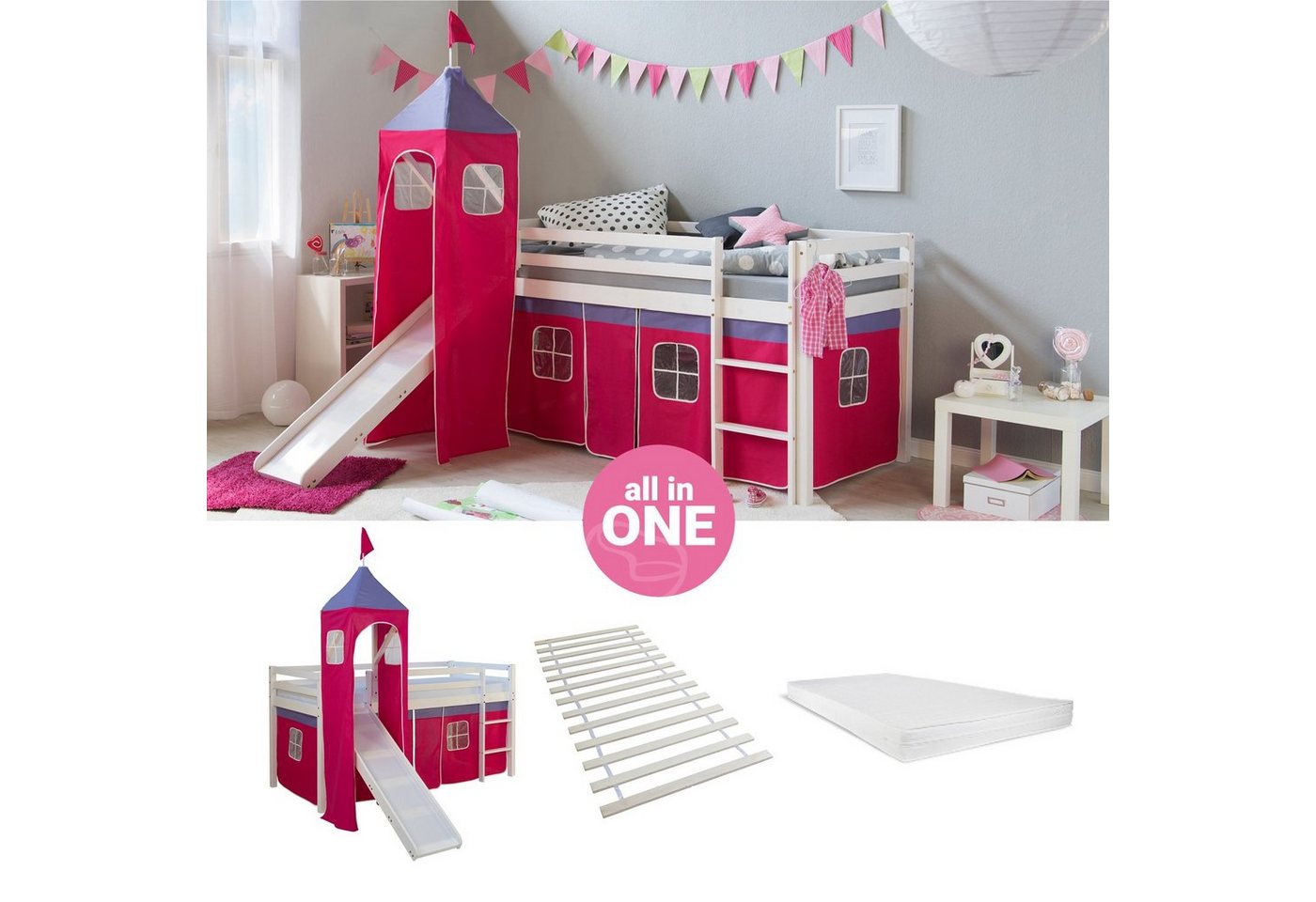 Homestyle4u Hochbett 90x200 cm Kinderbett Weiß mit Vorhang Pink (Set, mit Turm, Rutsche, Lattenrost, Matratze) Kiefer Homestyle4u Hochbett 90x200 cm Kinderbett Weiß mit Vorhang Pink (Set, mit Turm, Rutsche, Lattenrost, Matratze) Kiefer von Homestyle4u