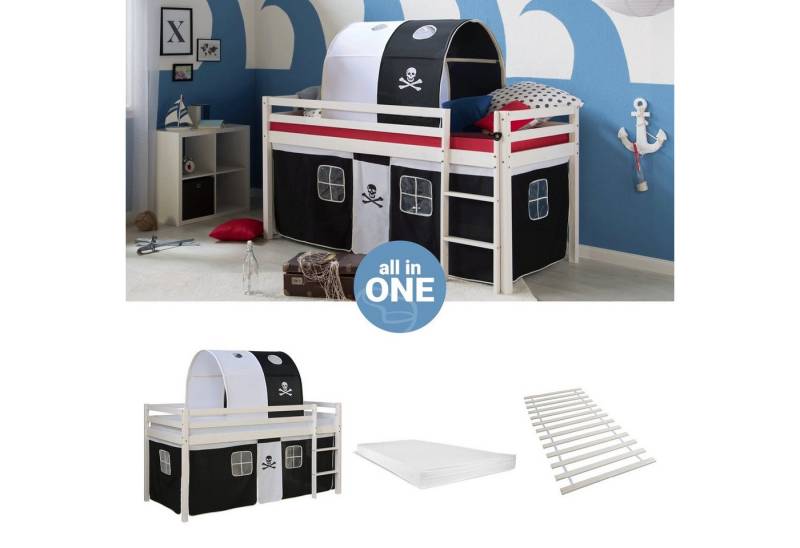 Homestyle4u Hochbett 90x200 cm Kinderbett Weiß mit Vorhang Kinder Treppe Leiter Kiefer Holz (Set, mit Lattenrost, Matratze und Tunnel, Jungen) Pirat, Junge von Homestyle4u