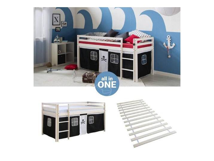 Homestyle4u Hochbett 90x200 cm Kinderbett Weiß mit Vorhang Kinder Treppe Leiter Kiefer Holz (Set, mit Lattenrost) Pirat, Junge, weiß, ohne Rutsche, mit Lattenrost von Homestyle4u