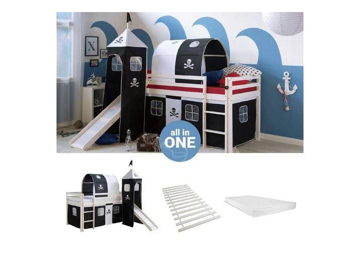 Homestyle4u Hochbett 90x200 cm Kinderbett Weiß mit Vorhang Kinder Treppe Leiter Kiefer Holz (Set, mit Lattenrost, Matratze, Rutsche, Tunnel und Turm) Kiefer, weiß, mit Rutsche von Homestyle4u
