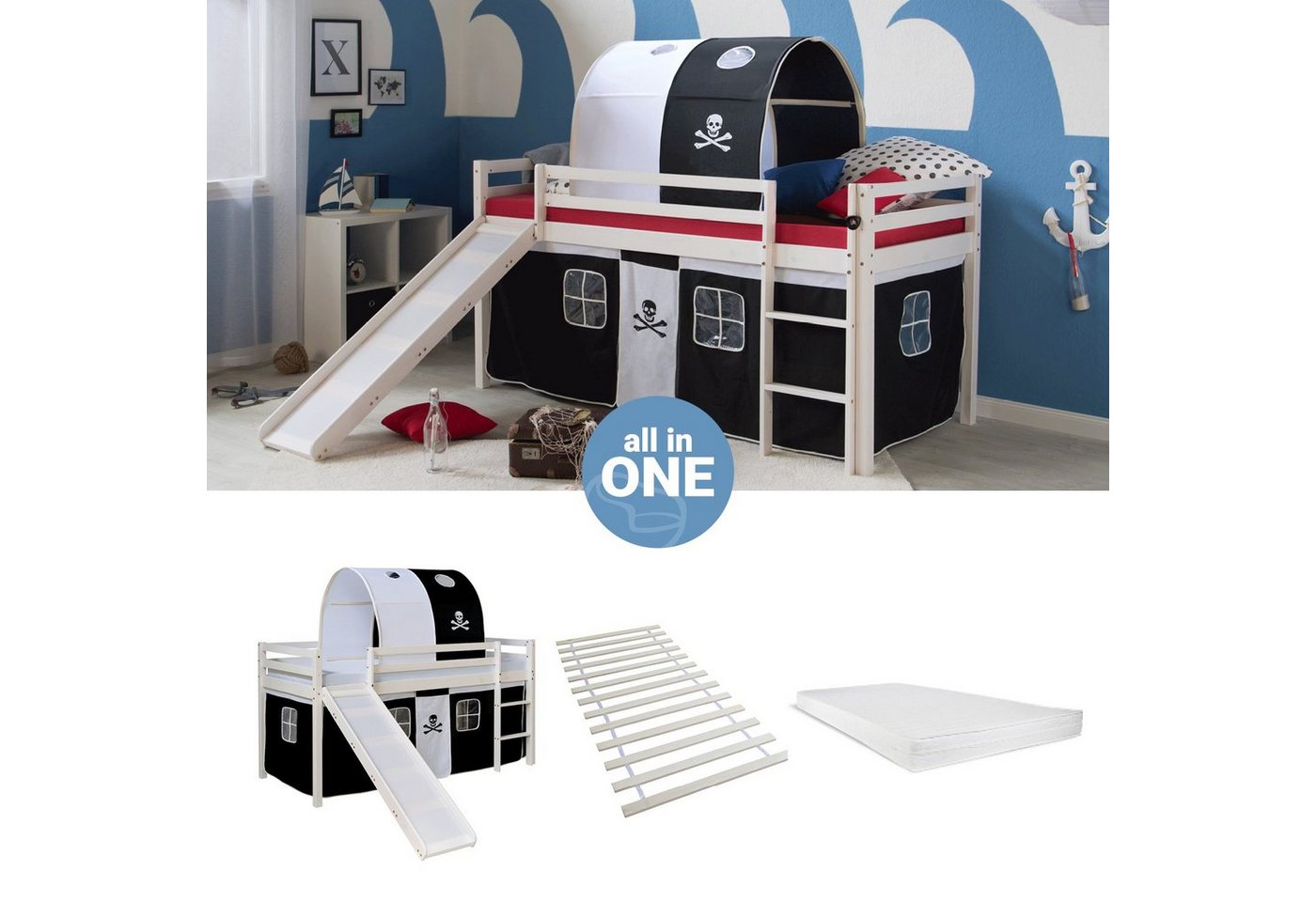 Homestyle4u Hochbett 90x200 cm Kinderbett Weiß mit Vorhang Kinder Treppe Leiter Kiefer Holz (Set, mit Lattenrost, Matratze, Rutsche und Tunnel, Spielbett) Pirat, Junge, Matratze mit OEKO-TEX® Standard 100 von Homestyle4u
