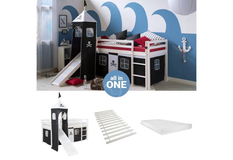 Homestyle4u Hochbett 90x200 cm Kinderbett Weiß mit Vorhang Kinder Treppe Leiter Kiefer Holz (Komplett-Set mit Lattenrost, mit Rutsche, mit Turm, Matratze mit OEKO-TEX® Standard 100) Pirat, Junge, Spielbett von Homestyle4u
