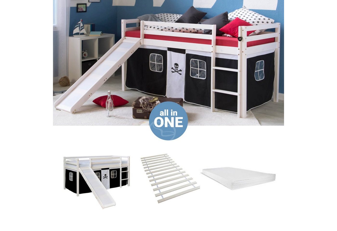 Homestyle4u Hochbett 90x200 cm Kinderbett Weiß mit Vorhang Kinder Treppe Leiter Kiefer Holz (Set, mit Lattenrost, Matratze und Rutsche, Spielbett) Pirat, Junge, Matratze mit OEKO-TEX® Standard 100 von Homestyle4u