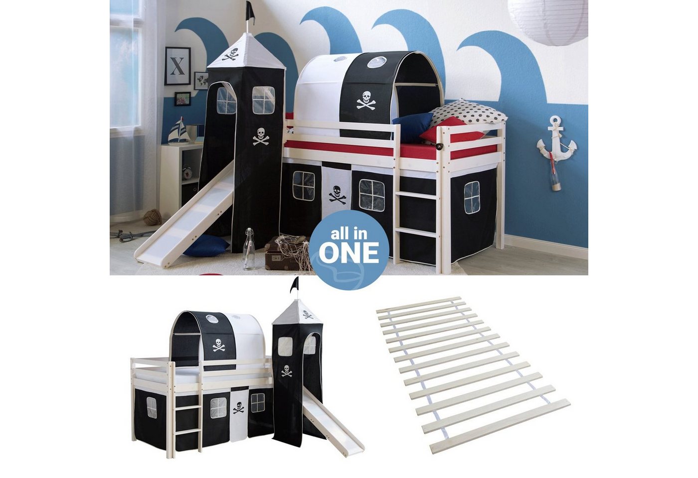 Homestyle4u Hochbett 90x200 cm Kinderbett Weiß mit Vorhang Kinder Treppe Leiter Kiefer Holz (Set, mit Lattenrost, Rutsche, Tunnel und Turm) Pirat, Junge Spielbett von Homestyle4u