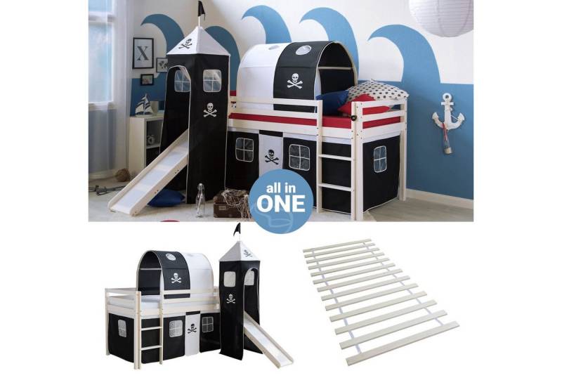 Homestyle4u Hochbett 90x200 cm Kinderbett Weiß mit Vorhang Kinder Treppe Leiter Kiefer Holz (Set, mit Lattenrost, Rutsche, Tunnel und Turm) Pirat, Junge Spielbett von Homestyle4u