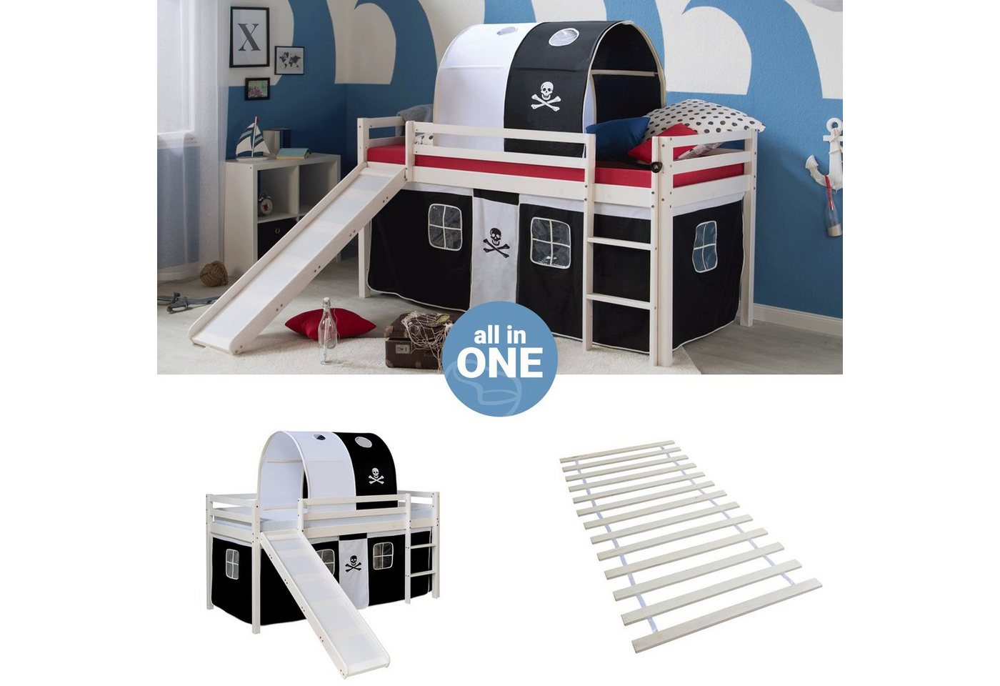 Homestyle4u Hochbett 90x200 cm Kinderbett Weiß mit Vorhang Kinder Treppe Leiter Kiefer Holz (Set, mit Lattenrost, Rutsche und Tunnel) Pirat, Junge Spielbett von Homestyle4u