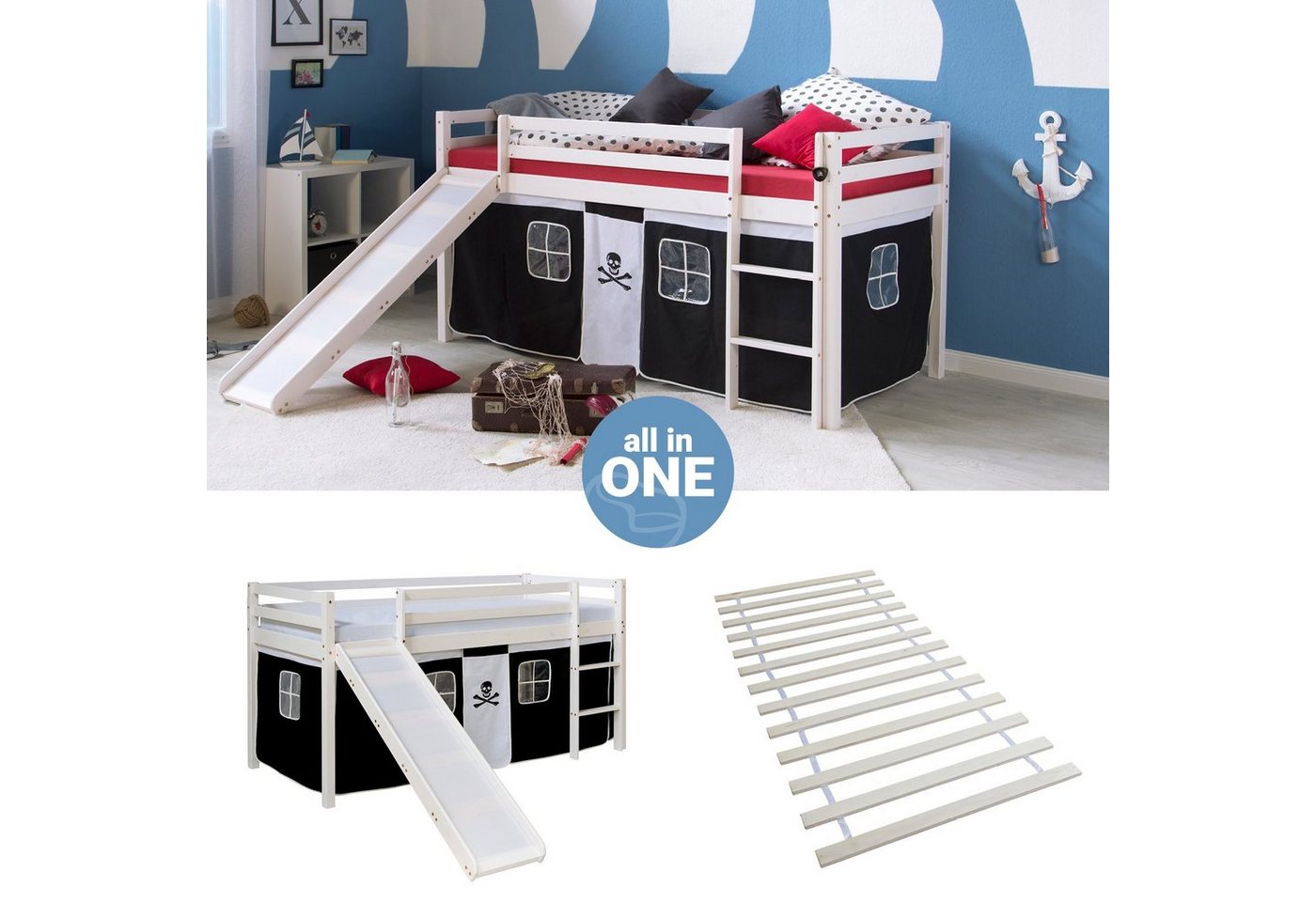 Homestyle4u Hochbett 90x200 cm Kinderbett Weiß mit Vorhang Kinder Treppe Leiter Kiefer Holz (Set, mit Lattenrost und Rutsche, Spielbett) Pirat, Junge von Homestyle4u