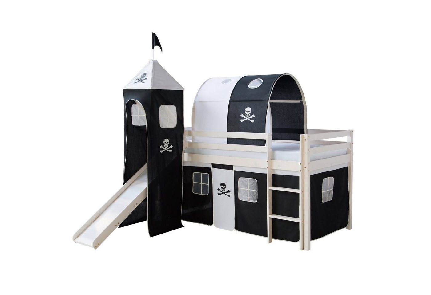 Homestyle4u Hochbett 90x200 cm Kinderbett Weiß mit Vorhang Kinder Treppe Leiter Kiefer Holz (Set, mit Rutsche, Tunnel und Turm, Jungen) Pirat, Junge von Homestyle4u