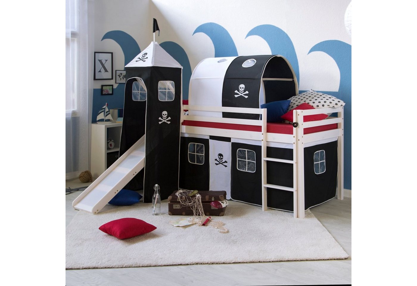 Homestyle4u Hochbett 90x200 cm Kinderbett Weiß mit Vorhang Kinder Treppe Leiter Kiefer Holz (Set, mit Rutsche, Tunnel und Turm, Jungen) Pirat Spielbett von Homestyle4u