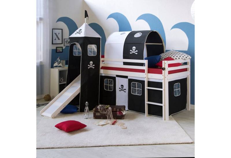 Homestyle4u Hochbett 90x200 cm Kinderbett Weiß mit Vorhang Kinder Treppe Leiter Kiefer Holz (Set, mit Rutsche, Tunnel und Turm, Jungen) Pirat Spielbett von Homestyle4u