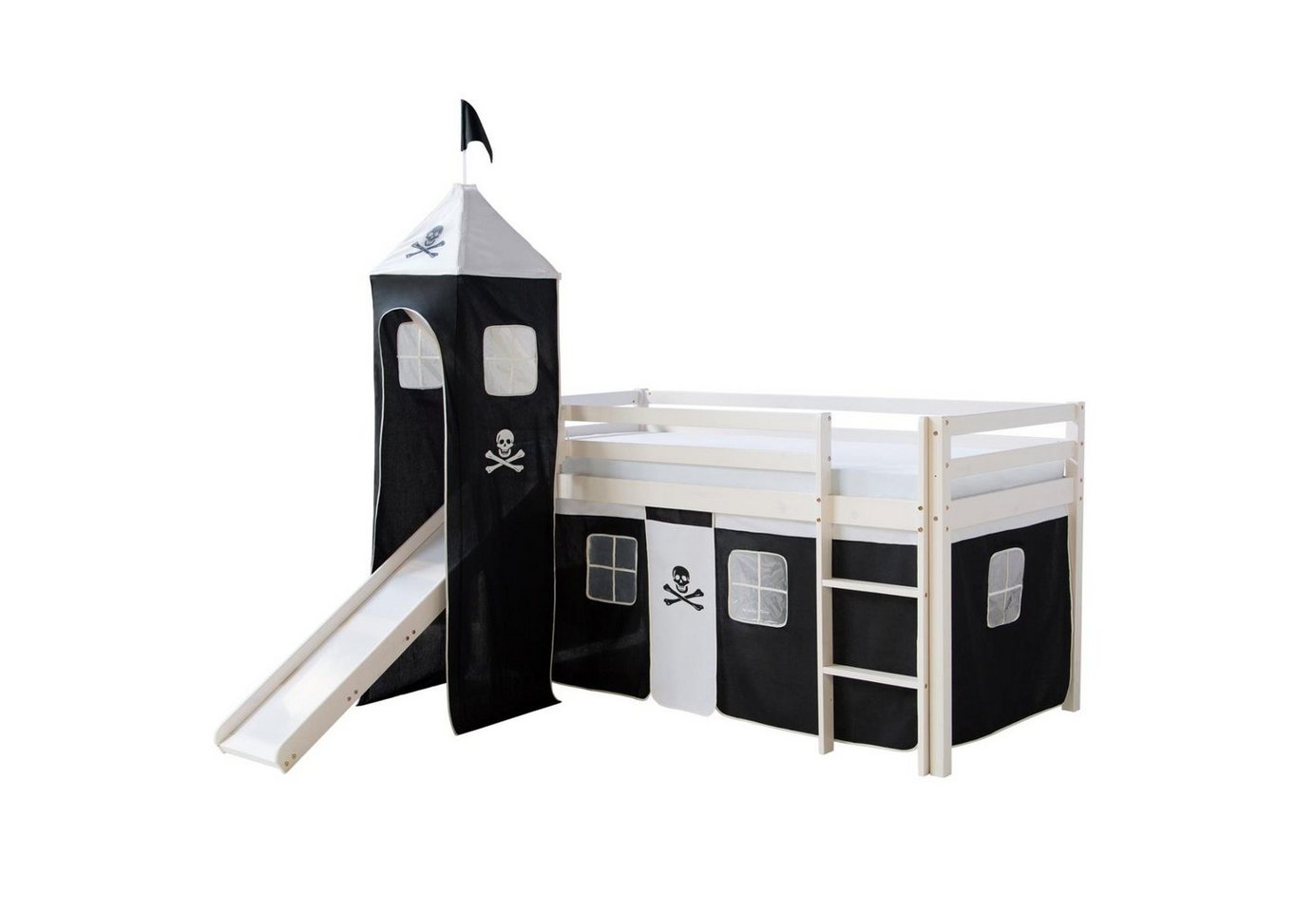 Homestyle4u Hochbett 90x200 cm Kinderbett Weiß mit Vorhang Kinder Treppe Leiter Kiefer Holz (Set, mit Rutsche und Turm, Spielbett) Pirat, Junge von Homestyle4u