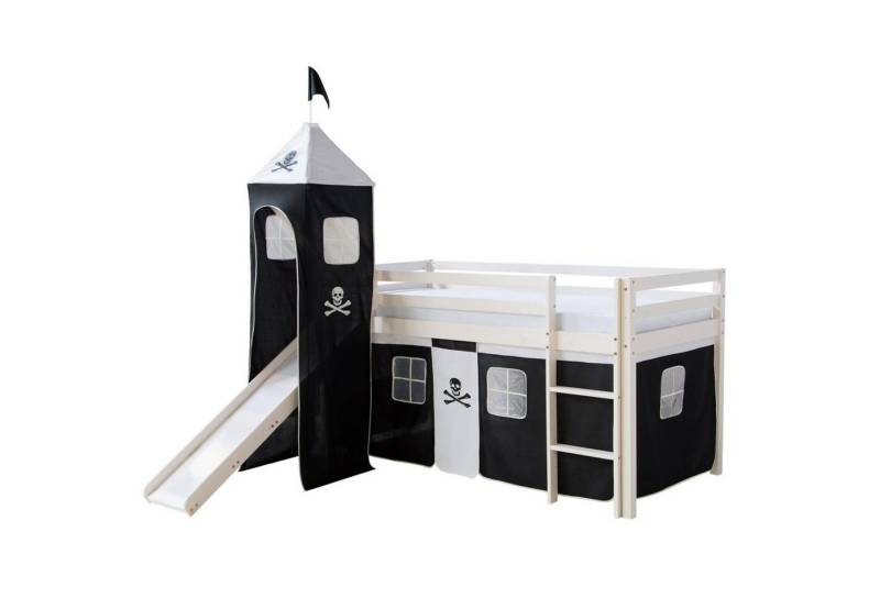 Homestyle4u Hochbett 90x200 cm Kinderbett Weiß mit Vorhang Kinder Treppe Leiter Kiefer Holz (Set, mit Rutsche und Turm, Spielbett) Pirat, Junge von Homestyle4u