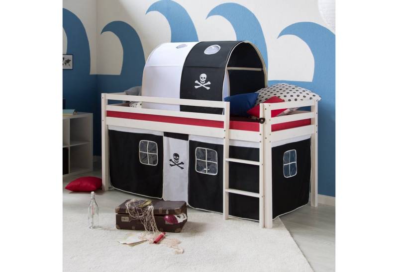 Homestyle4u Hochbett 90x200 cm Kinderbett Weiß mit Vorhang Kinder Treppe Leiter Kiefer Holz (Set, mit Tunnel) Pirat, Junge von Homestyle4u