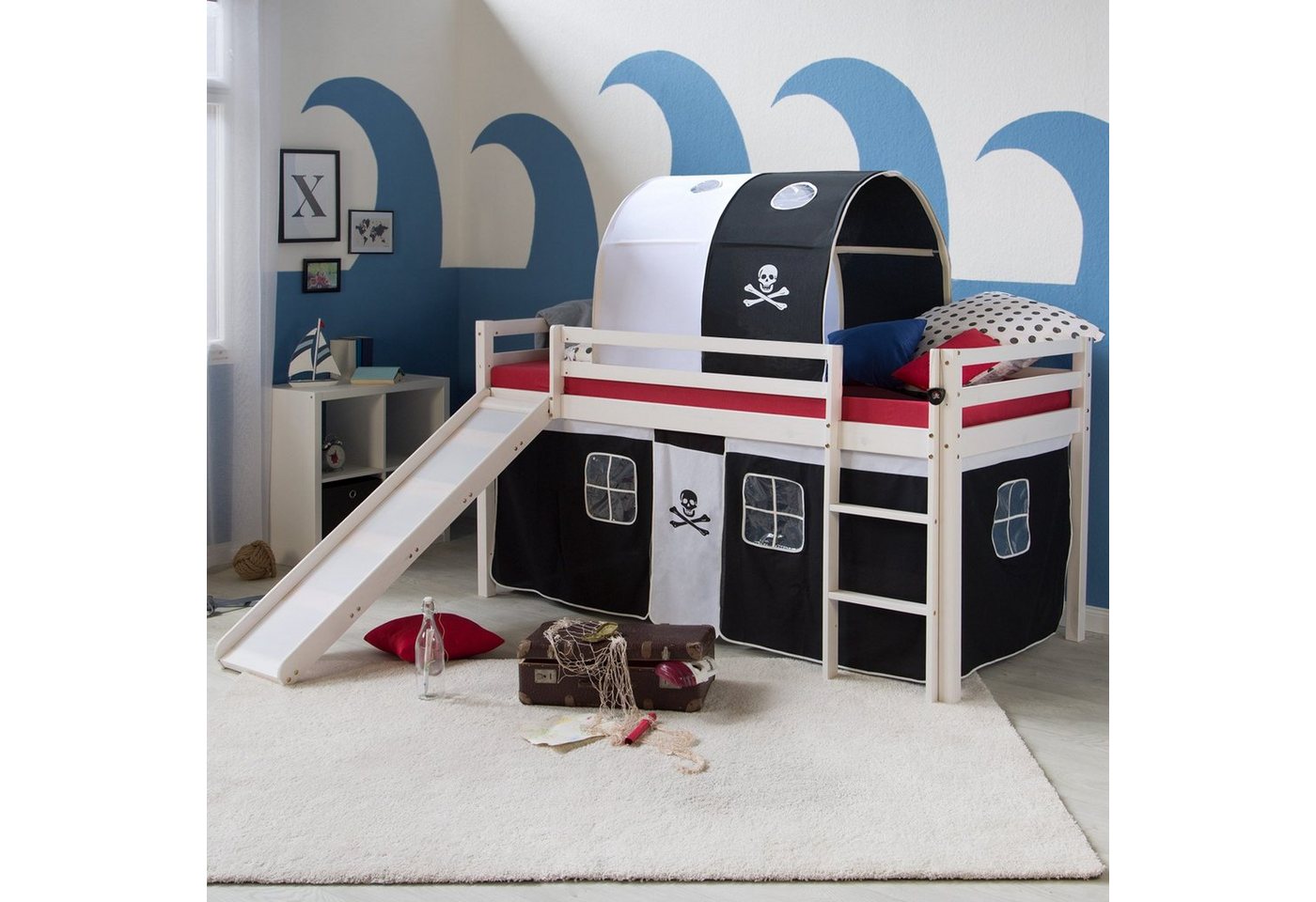 Homestyle4u Hochbett 90x200 cm Kinderbett Weiß mit Vorhang Kinder Treppe Leiter Kiefer Holz (Set, mit Tunnel, Rutsche, Spielbett) Pirat, Junge von Homestyle4u
