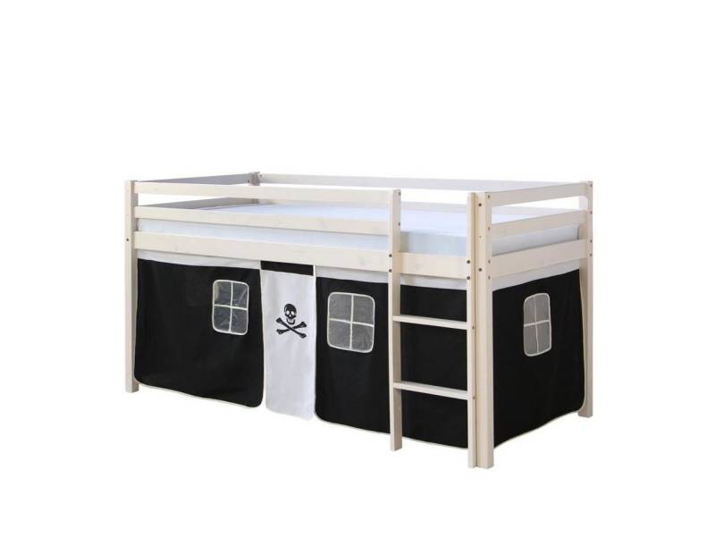 Homestyle4u Hochbett 90x200 cm Kinderbett Weiß mit Vorhang Kinder Treppe Leiter Kiefer Holz Pirat, Junge von Homestyle4u