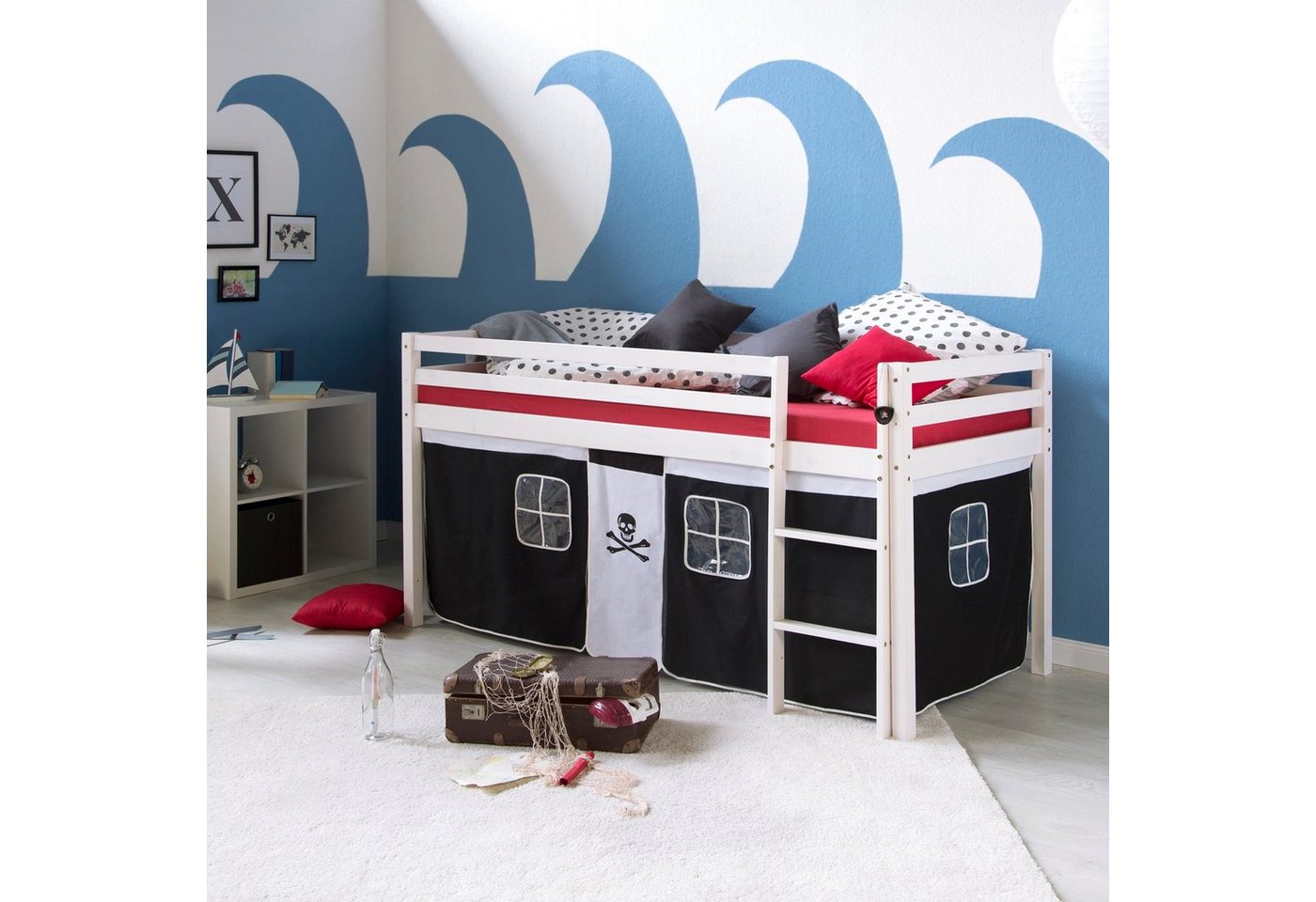 Homestyle4u Hochbett 90x200 cm Kinderbett Weiß mit Vorhang Kinder Treppe Leiter Kiefer Holz Pirat, Junge Homestyle4u Hochbett 90x200 cm Kinderbett Weiß mit Vorhang Kinder Treppe Leiter Kiefer Holz Pirat, Junge von Homestyle4u