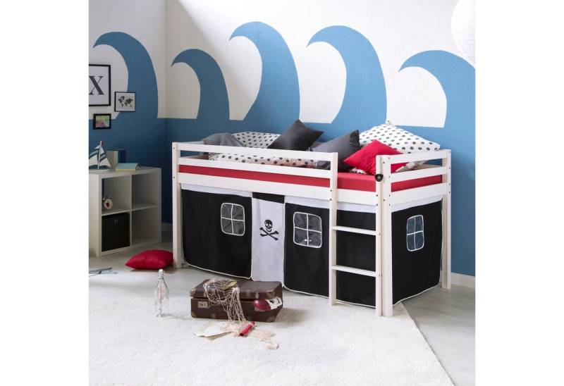 Homestyle4u Hochbett 90x200 cm Kinderbett Weiß mit Vorhang Kinder Treppe Leiter Kiefer Holz Pirat, Junge Homestyle4u Hochbett 90x200 cm Kinderbett Weiß mit Vorhang Kinder Treppe Leiter Kiefer Holz Pirat, Junge von Homestyle4u
