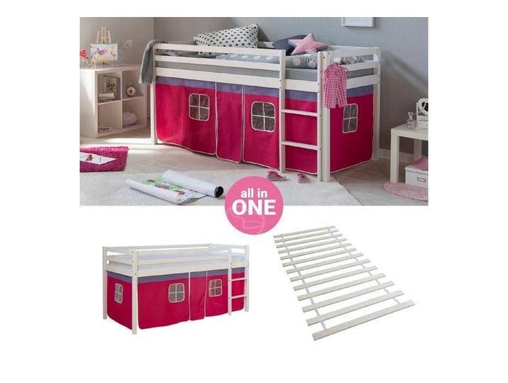 Homestyle4u Hochbett 90x200 cm Kinderbett Weiß mit Vorhang Pink (Set, mit Lattenrost) Kiefer, weiß, mit Lattenrost, ohne Matratze von Homestyle4u