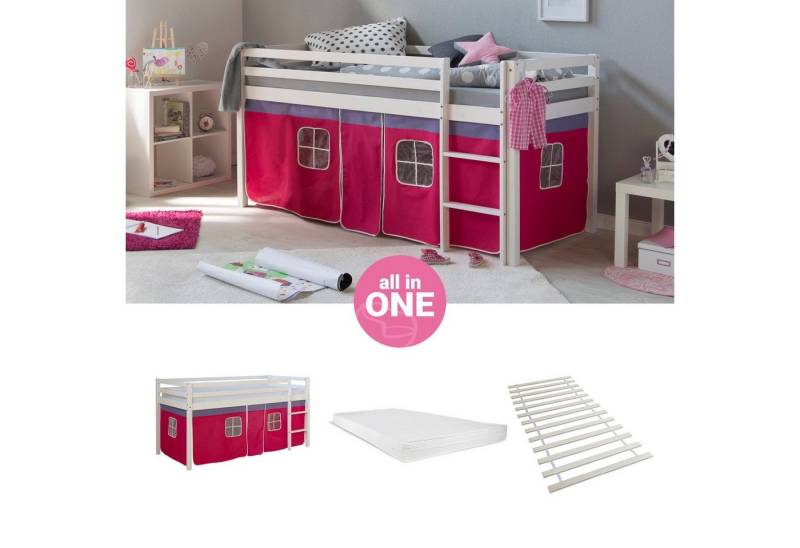 Homestyle4u Hochbett 90x200 cm Kinderbett Weiß mit Vorhang Pink (Set, mit Lattenrost, Matratze) Kiefer, Matratze mit OEKO-TEX® Standard 100 von Homestyle4u