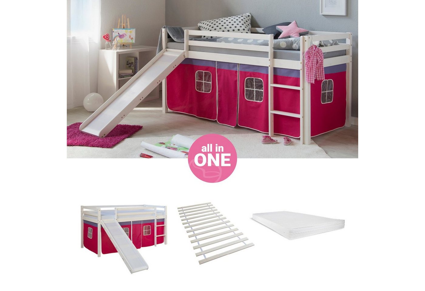 Homestyle4u Hochbett 90x200 cm Kinderbett Weiß mit Vorhang Pink (Set, mit Rutsche, Lattenrost, Matratze, Spielbett) Kiefer, Matratze mit OEKO-TEX® Standard 100 von Homestyle4u