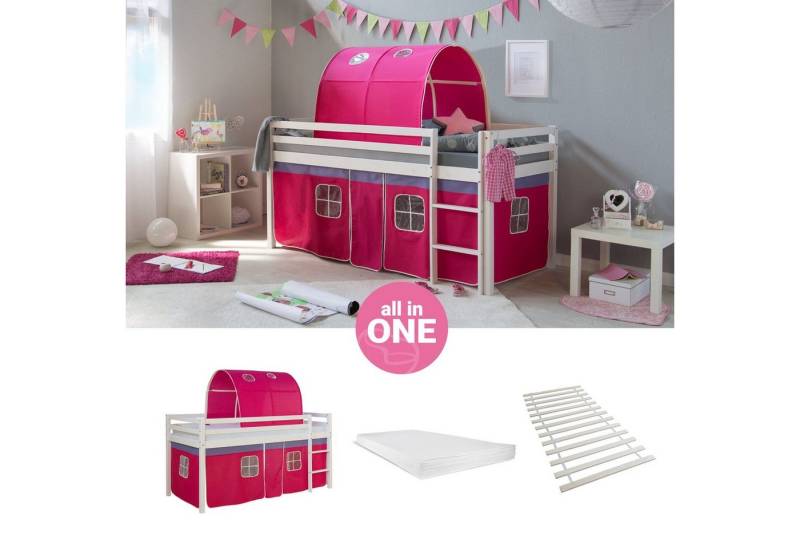 Homestyle4u Hochbett 90x200 cm Kinderbett Weiß mit Vorhang Pink (Set, mit Tunnel, Lattenrost, Matratze) Kiefer, Matratze mit OEKO-TEX® Standard 100 von Homestyle4u