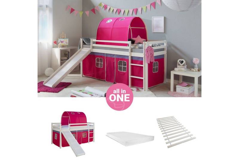 Homestyle4u Hochbett 90x200 cm Kinderbett Weiß mit Vorhang Pink (Komplett-Set mit Lattenrost, mit Rutsche, mit Tunnel, Matratze mit OEKO-TEX® Standard 100) Kiefer, Jungen Mädchen, Spielbett von Homestyle4u