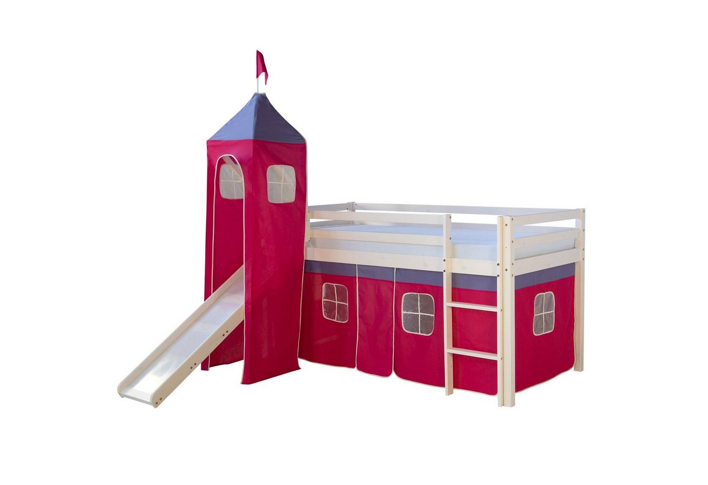 Homestyle4u Hochbett 90x200 cm Kinderbett Weiß mit Vorhang Pink (Set, mit Turm, Rutsche, Lattenrost, Spielbett) Kiefer von Homestyle4u