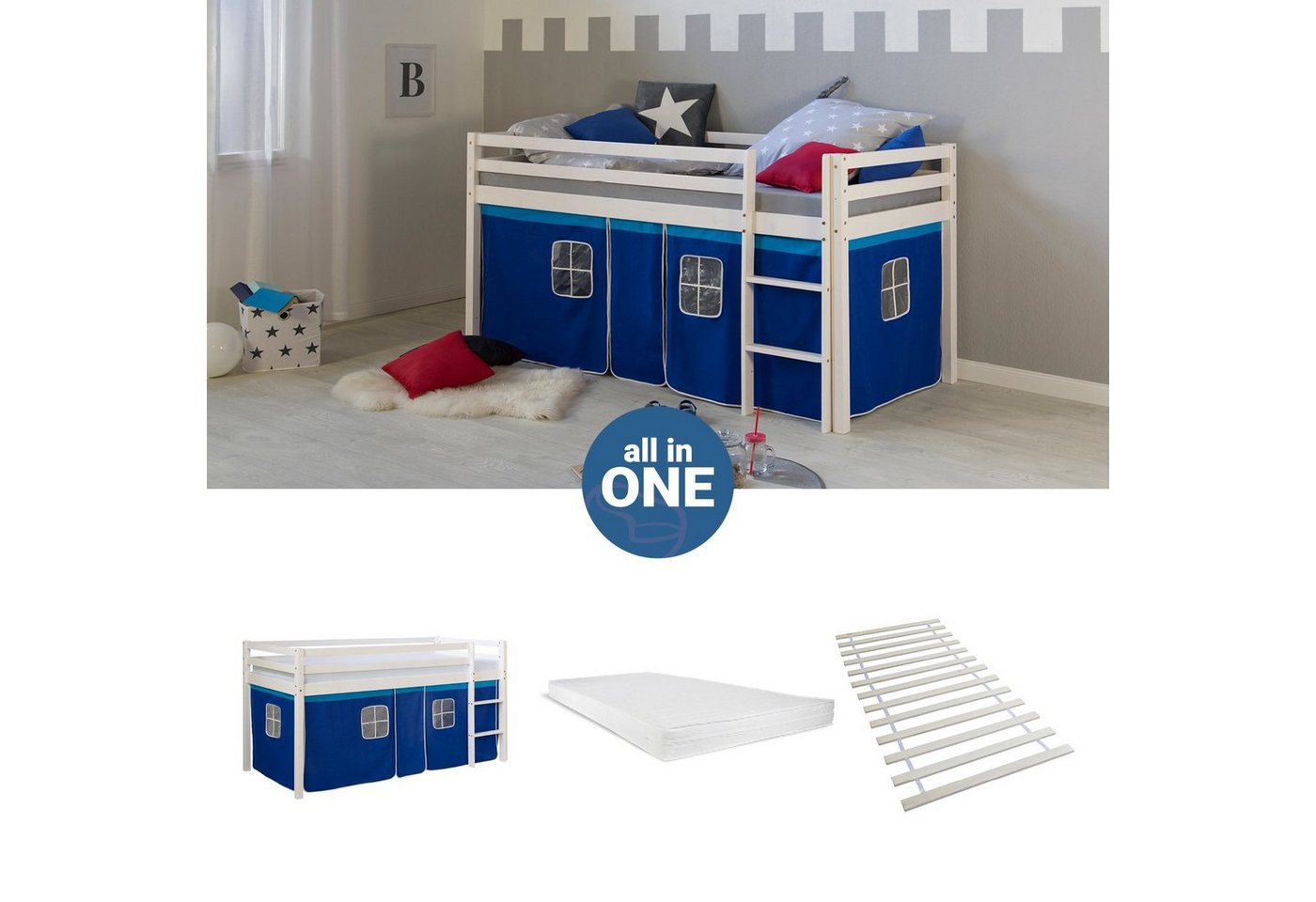 Homestyle4u Hochbett 90x200 cm Stockbett Kinderbett Holz Kiefer Spielbett mit Vorhang, Lattenrost + Matratze Homestyle4u Hochbett 90x200 cm Stockbett Kinderbett Holz Kiefer Spielbett mit Vorhang, Lattenrost + Matratze von Homestyle4u