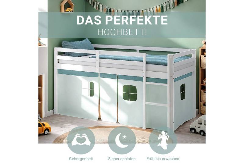 Homestyle4u Hochbett 90x200 Stockbett Vorhang Kinderbett Holz Kiefer Weiß Grün Mint Kinder (Set, mit Lattenrost) mit Rausfallschutz von Homestyle4u
