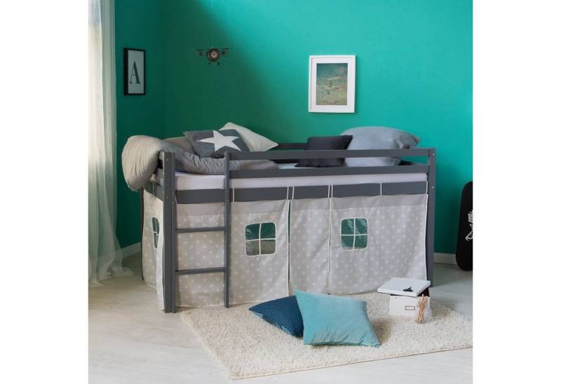 Homestyle4u Hochbett 90x200 cm Weiß mit Vorhang Sterne Grau für 1 Kind Holz Massiv Kiefer (Set) mit Rausfallschutz, ohne Lattenrost von Homestyle4u