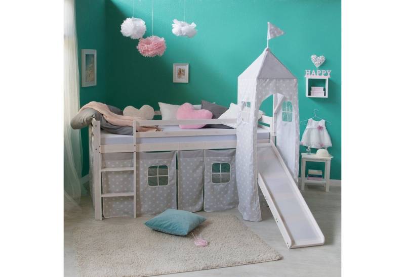 Homestyle4u Hochbett 90x200 cm Weiß mit Vorhang Sterne Grau für 1 Kind Holz Massiv Kiefer (Set, mit Rutsche Turm) mit Rausfallschutz, ohne Lattenrost, Jungen Mädchen von Homestyle4u