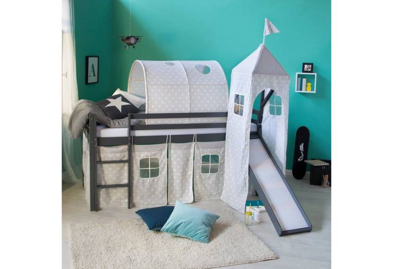 Homestyle4u Hochbett 90x200 cm Weiß mit Vorhang Sterne Grau für 1 Kind Holz Massiv Kiefer (Set, mit Rutsche Turm Tunnel, mit Rutsche Turm Tunnel) mit Rausfallschutz, ohne Lattenrost, Jungen Mädchen von Homestyle4u