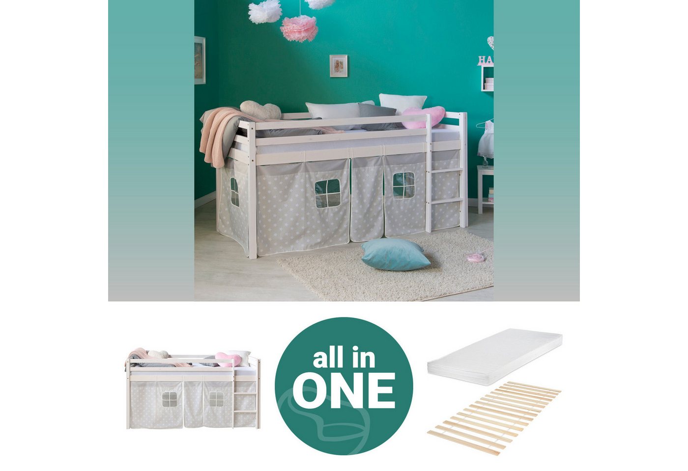 Homestyle4u Hochbett 90x200 Weiß mit Vorhang Sterne Grau für 1 Kind Kiefer Massiv Kinder (Set, mit Matratze und Lattenrost) von Homestyle4u