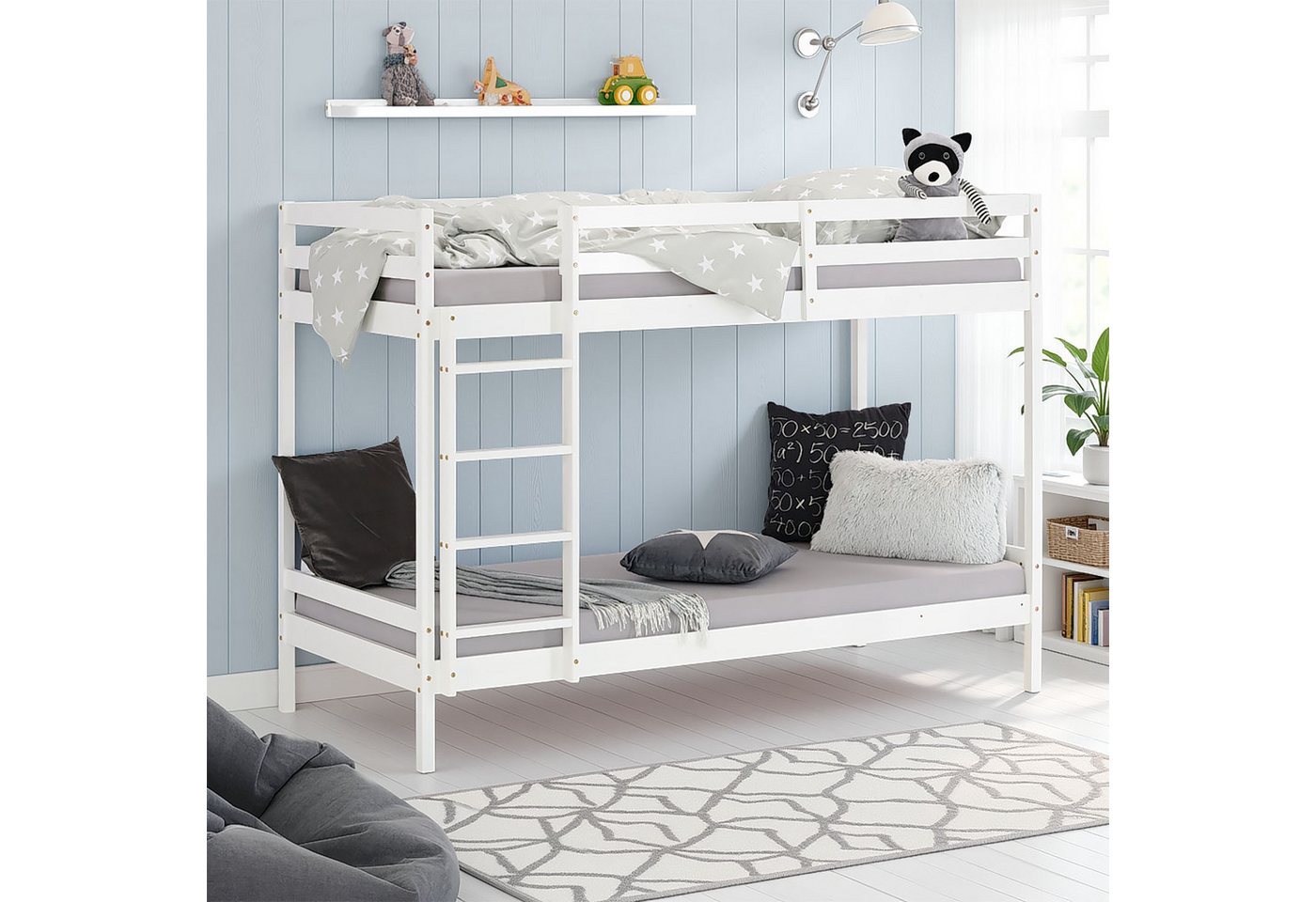 Homestyle4u Etagenbett 90x200 für 2 Kinder Weiß Doppelstockbett Hochbett Leiter Kinderbett (Set, mit Lattenrost und 2 Matratzen), Kiefer von Homestyle4u