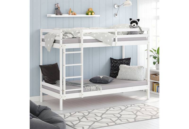 Homestyle4u Hochbett 90x200 für 2 Kinder Weiß Doppelstockbett Hochbett Leiter Kinderbett (Set, mit Lattenrost und 2 Matratzen) Kiefer von Homestyle4u