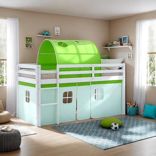 Homestyle4u Hochbett 90x200 grün Vorhang Bettzelt Kinderbett mit Rausfallschutz Holz Kiefer Massiv Lattenrost Matratze von Homestyle4u
