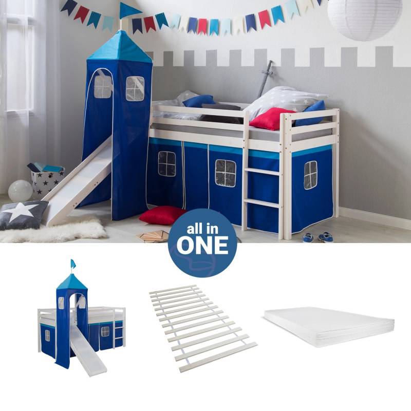 Homestyle4u Hochbett 90x200 mit Vorhang Lattenrost Matratze Rutsche Turm in Weiß 2571 von Homestyle4u
