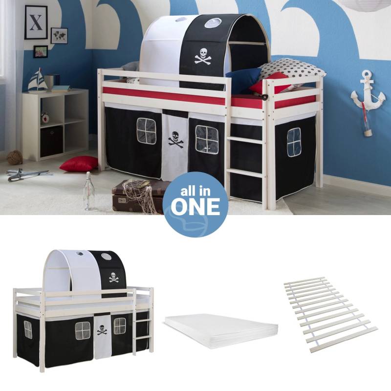 Homestyle4u Hochbett 90x200 mit Vorhang Lattenrost Matratze Tunnel in Weiß Pirat 2545 von Homestyle4u