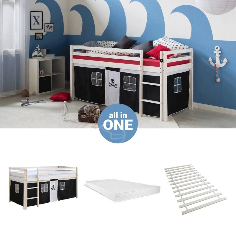 Homestyle4u Hochbett 90x200 mit Vorhang Lattenrost Matratze in Weiß Pirat 2544 von Homestyle4u