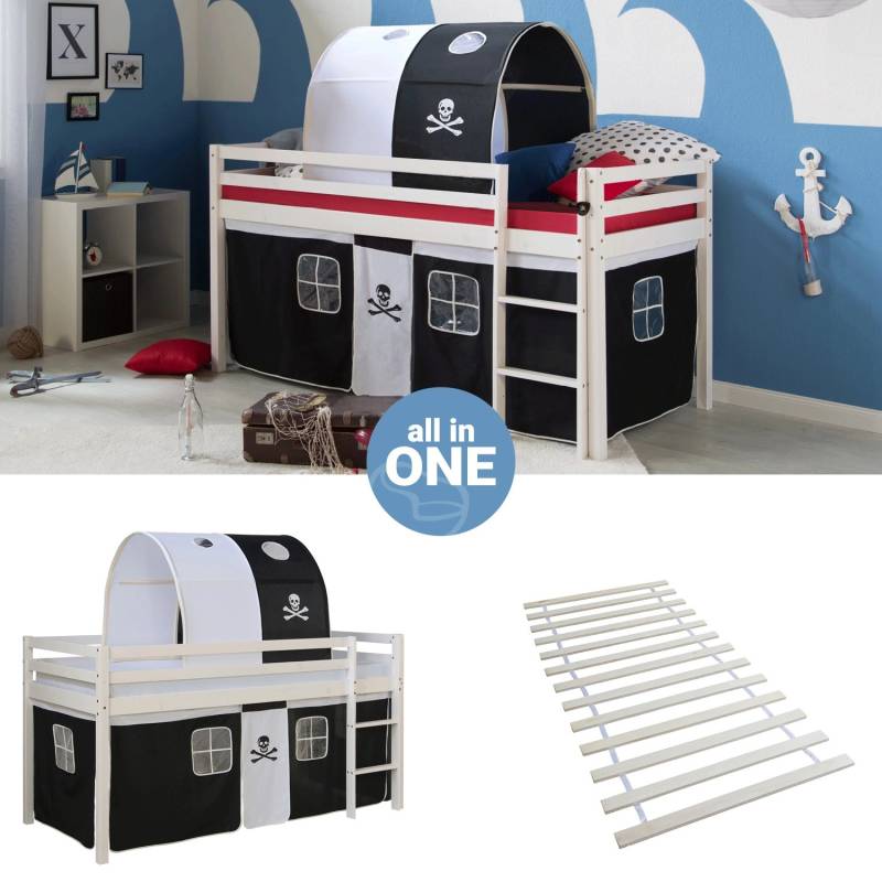 Homestyle4u Hochbett 90x200 mit Vorhang Lattenrost Tunnel in Weiß Pirat 2539 von Homestyle4u
